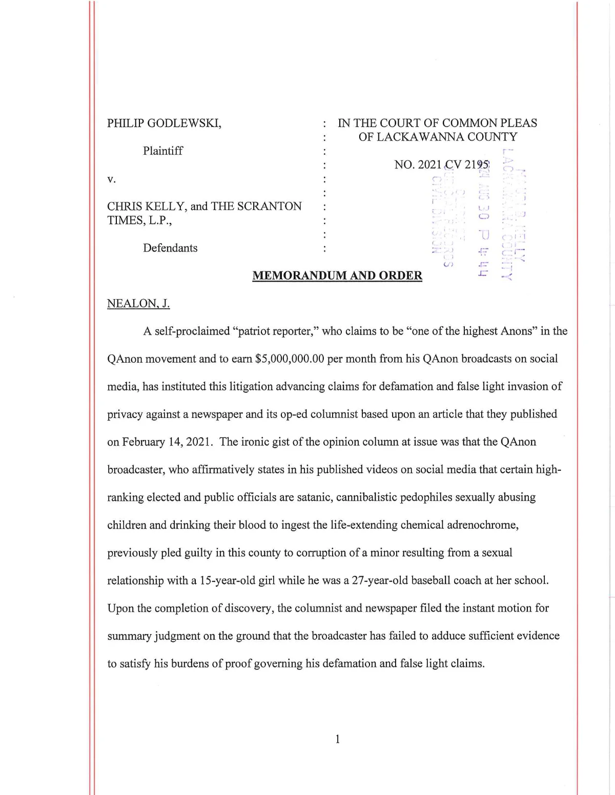 First page of the Lackawanna County court's 30 August 2024 memorandum in Godlewski v. Kelly.